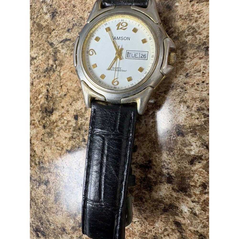 Vintage Samson Quartz Watch Day Date Gold Tone White Dial Black Leather Band